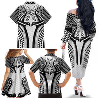 Hawaiian Kakau Art Tattoos Aquaman Style Family Matching Off The Shoulder Long Sleeve Dress and Hawaiian Shirt White Version - Wonder Print Shop