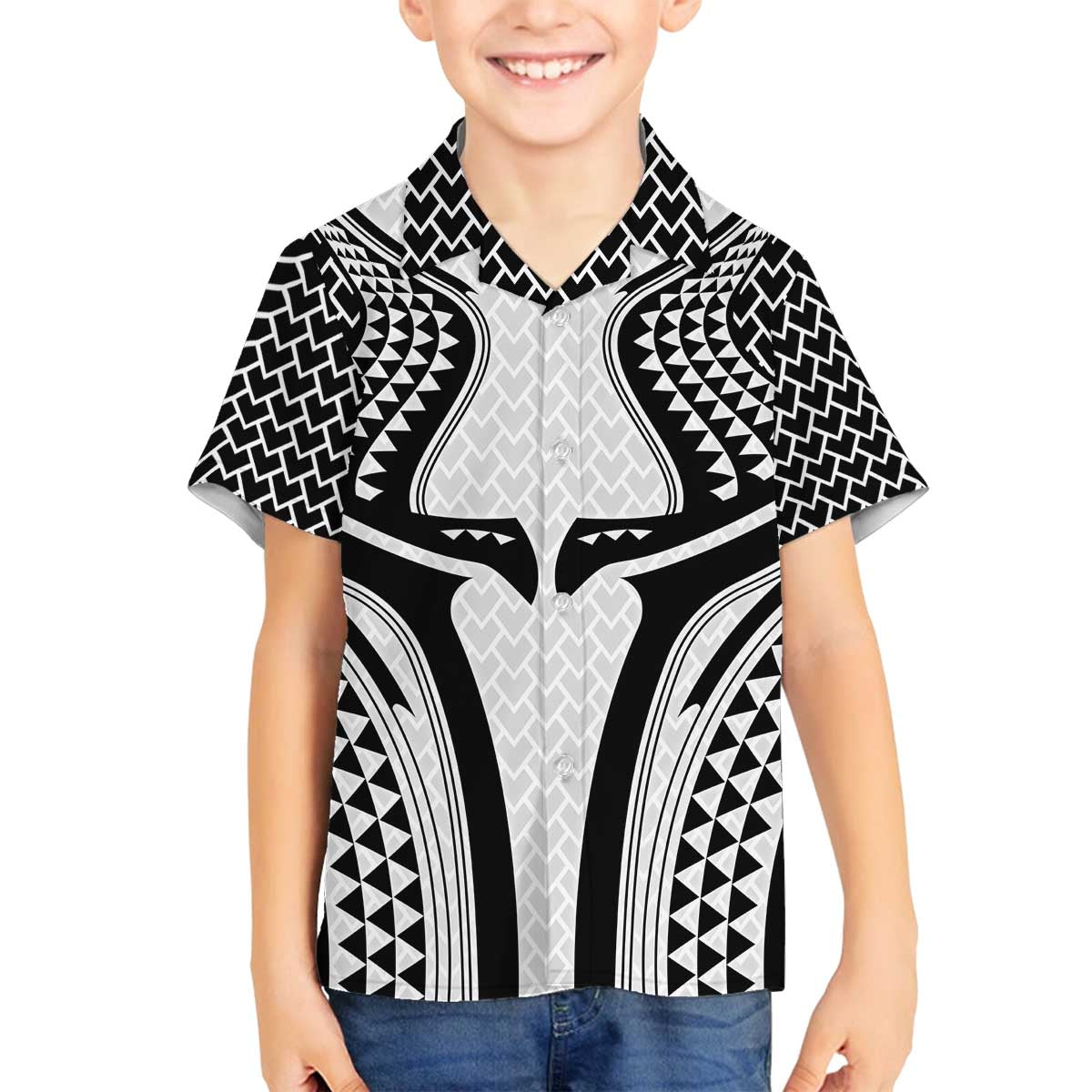 Hawaiian Kakau Art Tattoos Aquaman Style Family Matching Off The Shoulder Long Sleeve Dress and Hawaiian Shirt White Version - Wonder Print Shop