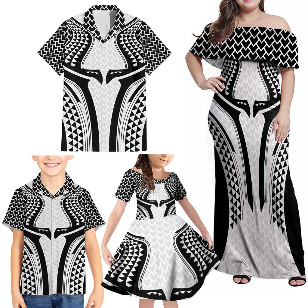 Hawaiian Kakau Art Tattoos Aquaman Style Family Matching Off Shoulder Maxi Dress and Hawaiian Shirt White Version - Wonder Print Shop