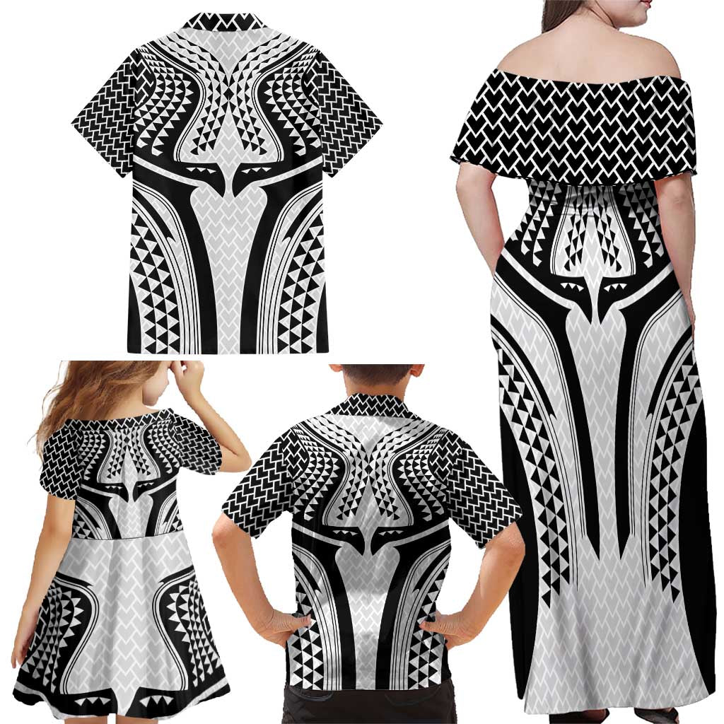 Hawaiian Kakau Art Tattoos Aquaman Style Family Matching Off Shoulder Maxi Dress and Hawaiian Shirt White Version - Wonder Print Shop