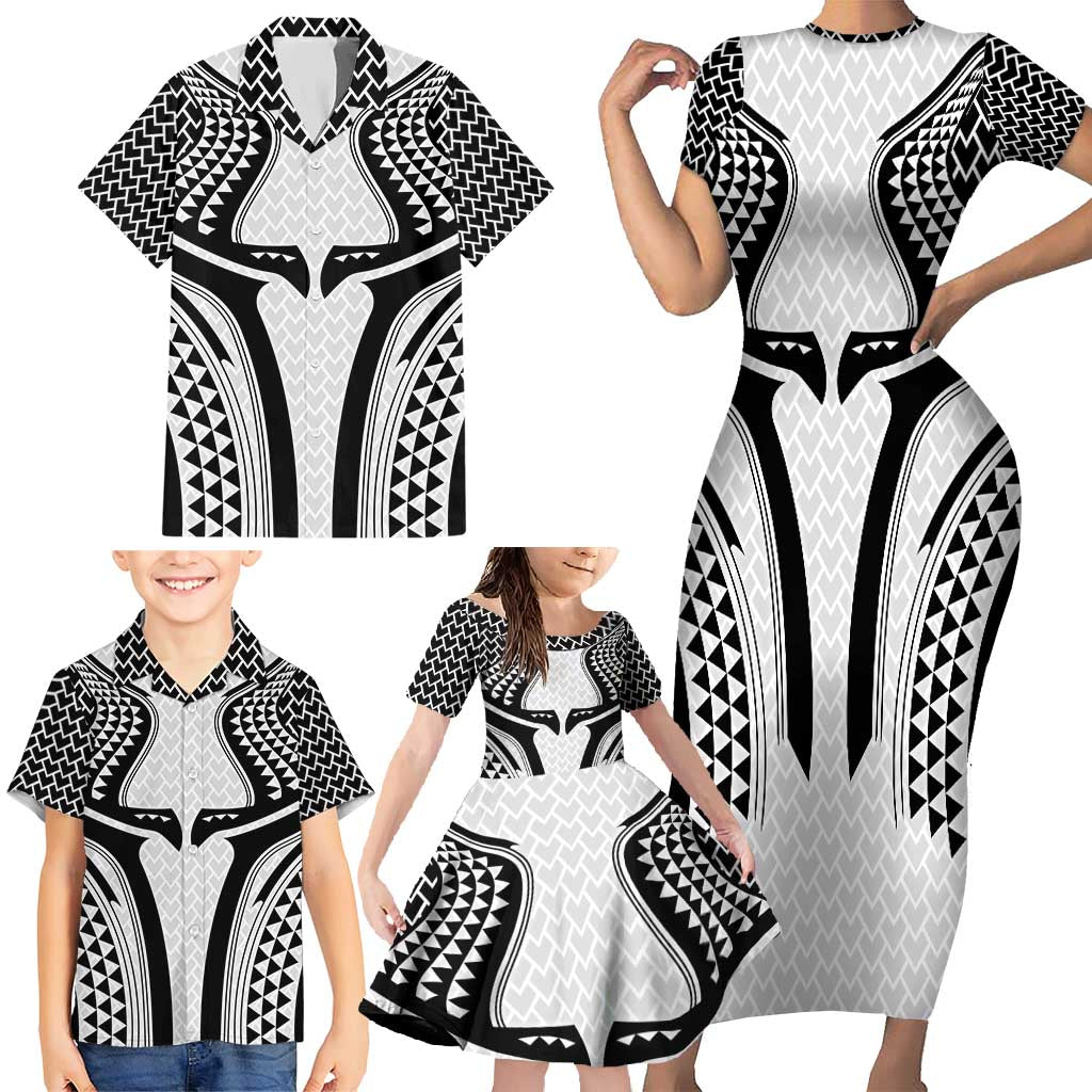 Hawaiian Kakau Art Tattoos Aquaman Style Family Matching Short Sleeve Bodycon Dress and Hawaiian Shirt White Version - Wonder Print Shop