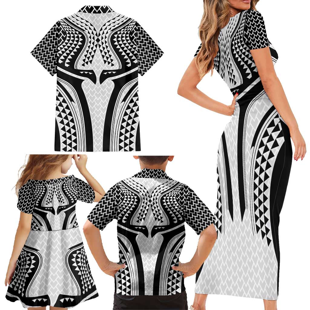 Hawaiian Kakau Art Tattoos Aquaman Style Family Matching Short Sleeve Bodycon Dress and Hawaiian Shirt White Version - Wonder Print Shop