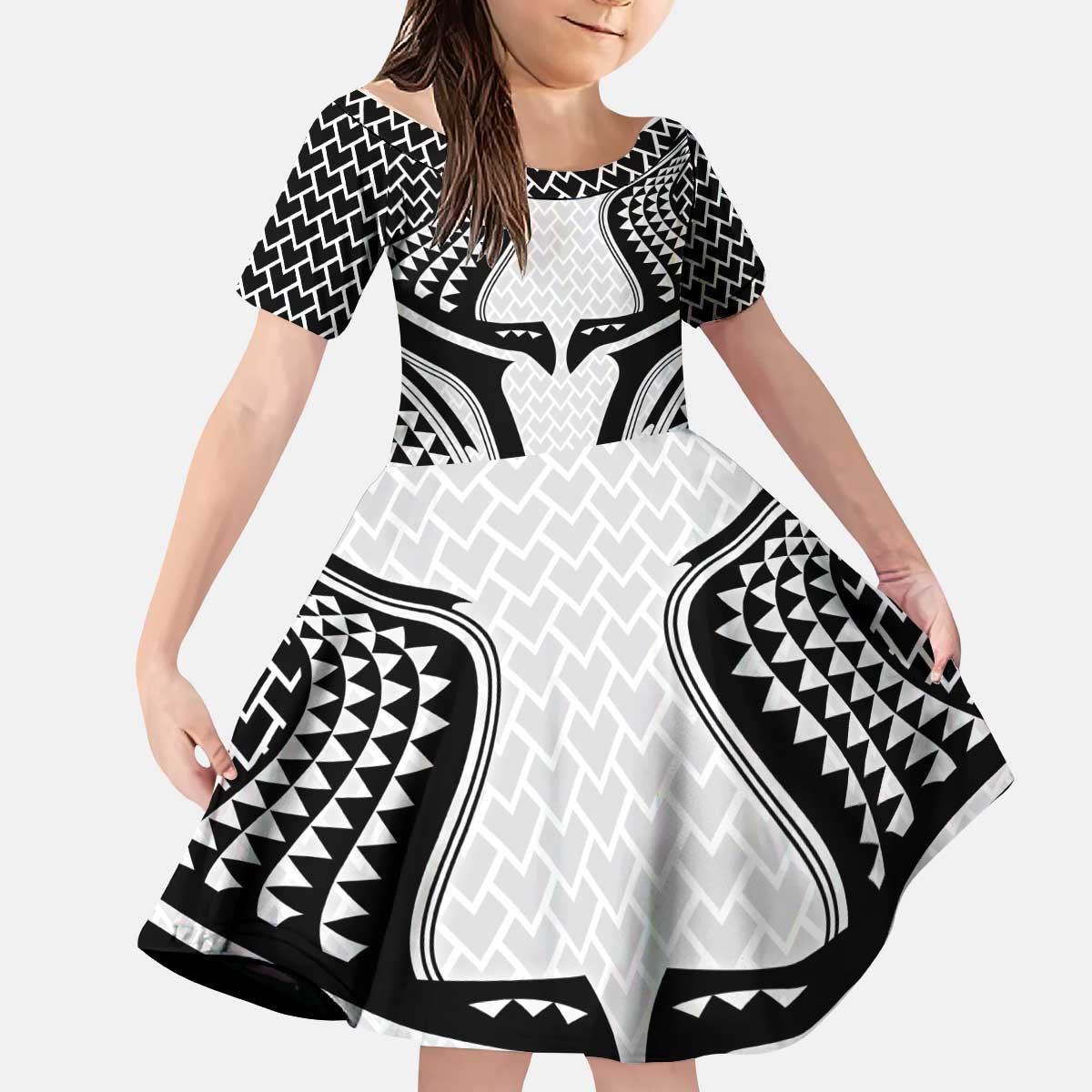 Hawaiian Kakau Art Tattoos Aquaman Style Kid Short Sleeve Dress White Version - Wonder Print Shop