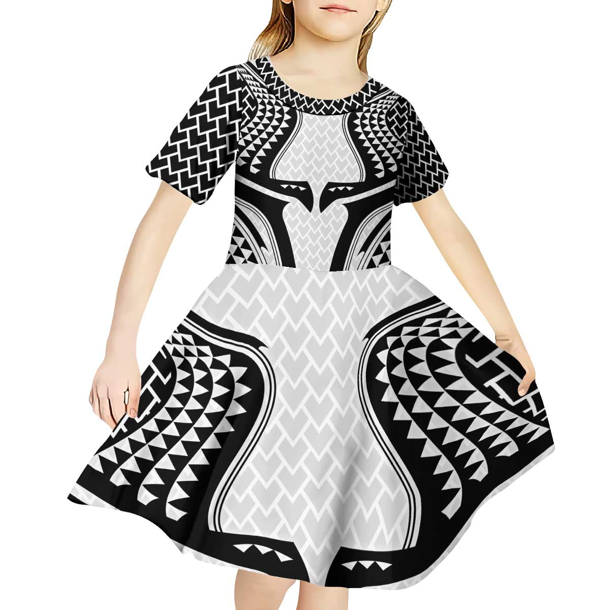 Hawaiian Kakau Art Tattoos Aquaman Style Kid Short Sleeve Dress White Version - Wonder Print Shop