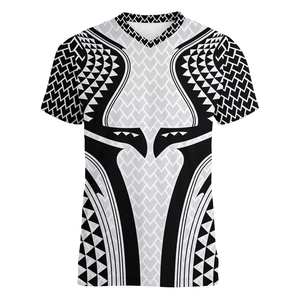 Hawaiian Kakau Art Tattoos Aquaman Style Women V-Neck T-Shirt White Version - Wonder Print Shop