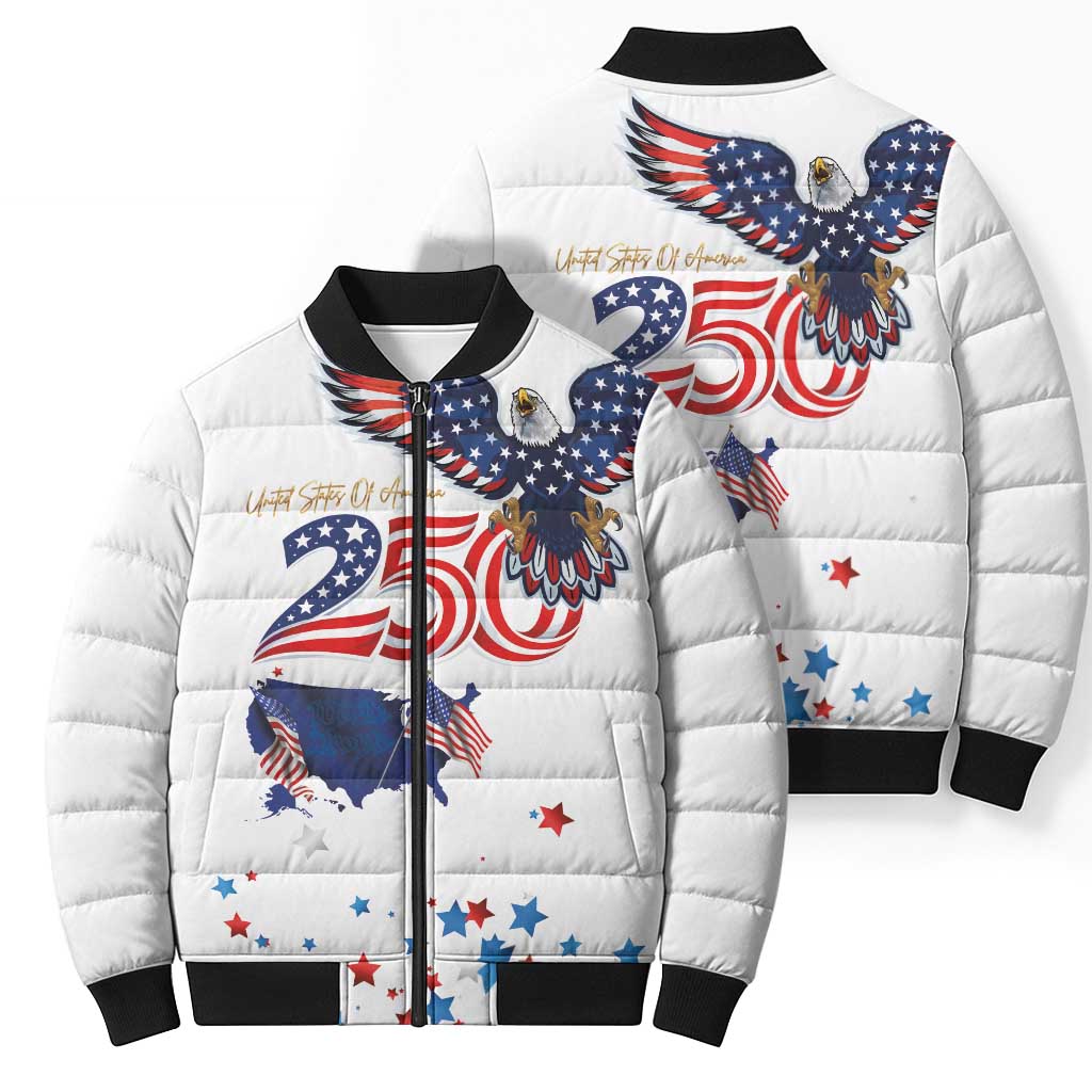 250 Years of American Freedom Bomber Puffer Jacket Flag Bald Eagle and Map