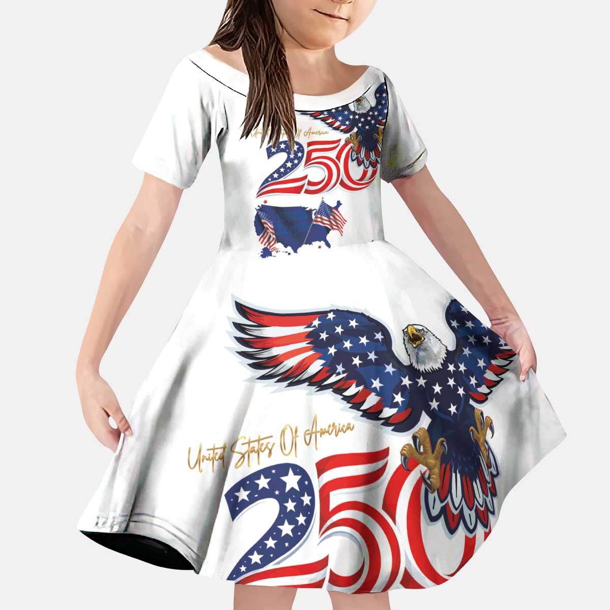 250 Years of American Freedom Kid Short Sleeve Dress Flag Bald Eagle and Map