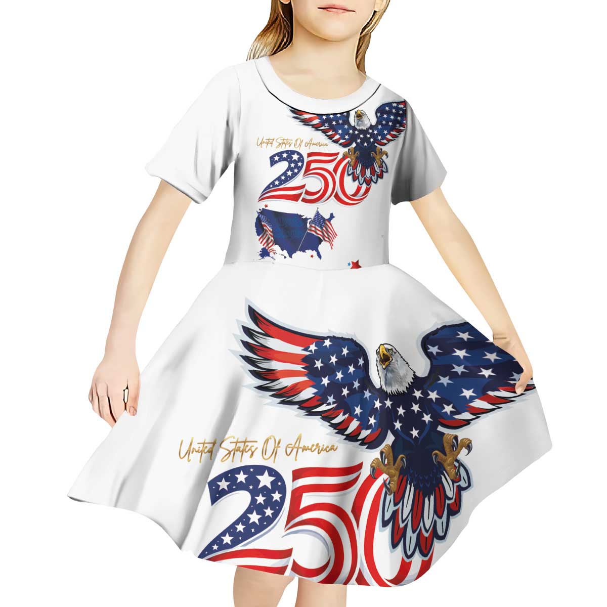 250 Years of American Freedom Kid Short Sleeve Dress Flag Bald Eagle and Map
