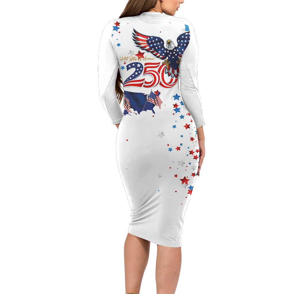 250 Years of American Freedom Long Sleeve Bodycon Dress Flag Bald Eagle and Map