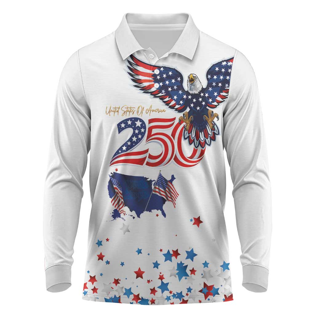 250 Years of American Freedom Long Sleeve Polo Shirt Flag Bald Eagle and Map