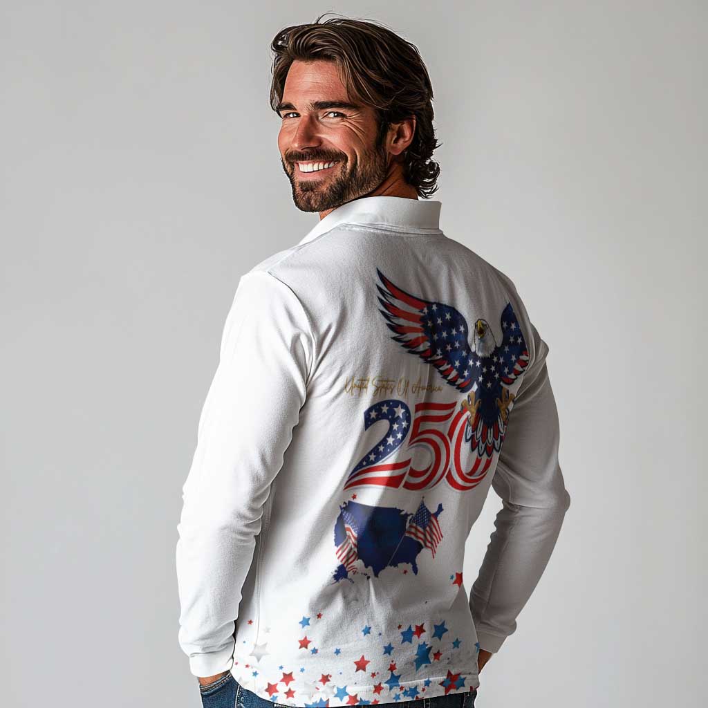 250 Years of American Freedom Long Sleeve Polo Shirt Flag Bald Eagle and Map