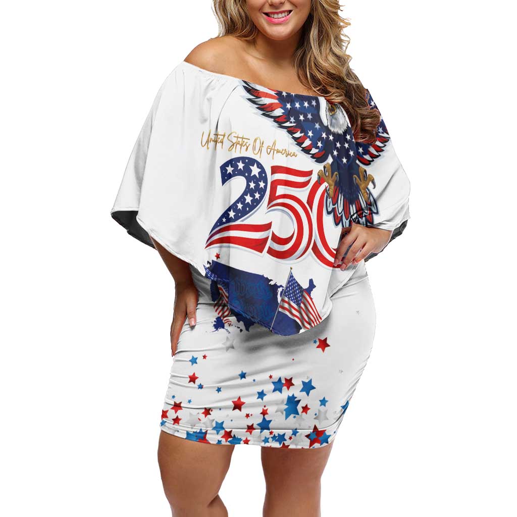 250 Years of American Freedom Off Shoulder Short Dress Flag Bald Eagle and Map