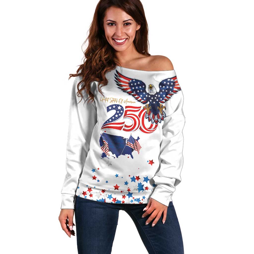 250 Years of American Freedom Off Shoulder Sweater Flag Bald Eagle and Map