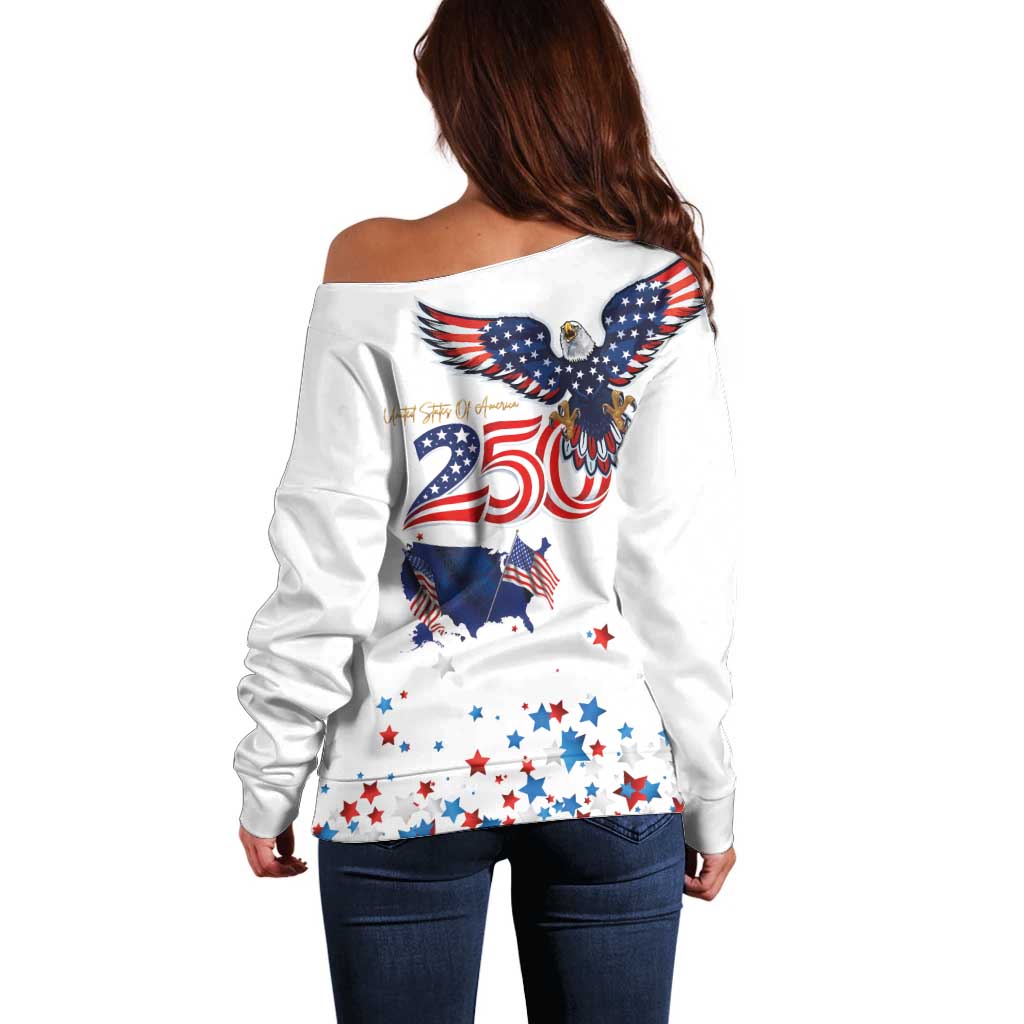 250 Years of American Freedom Off Shoulder Sweater Flag Bald Eagle and Map