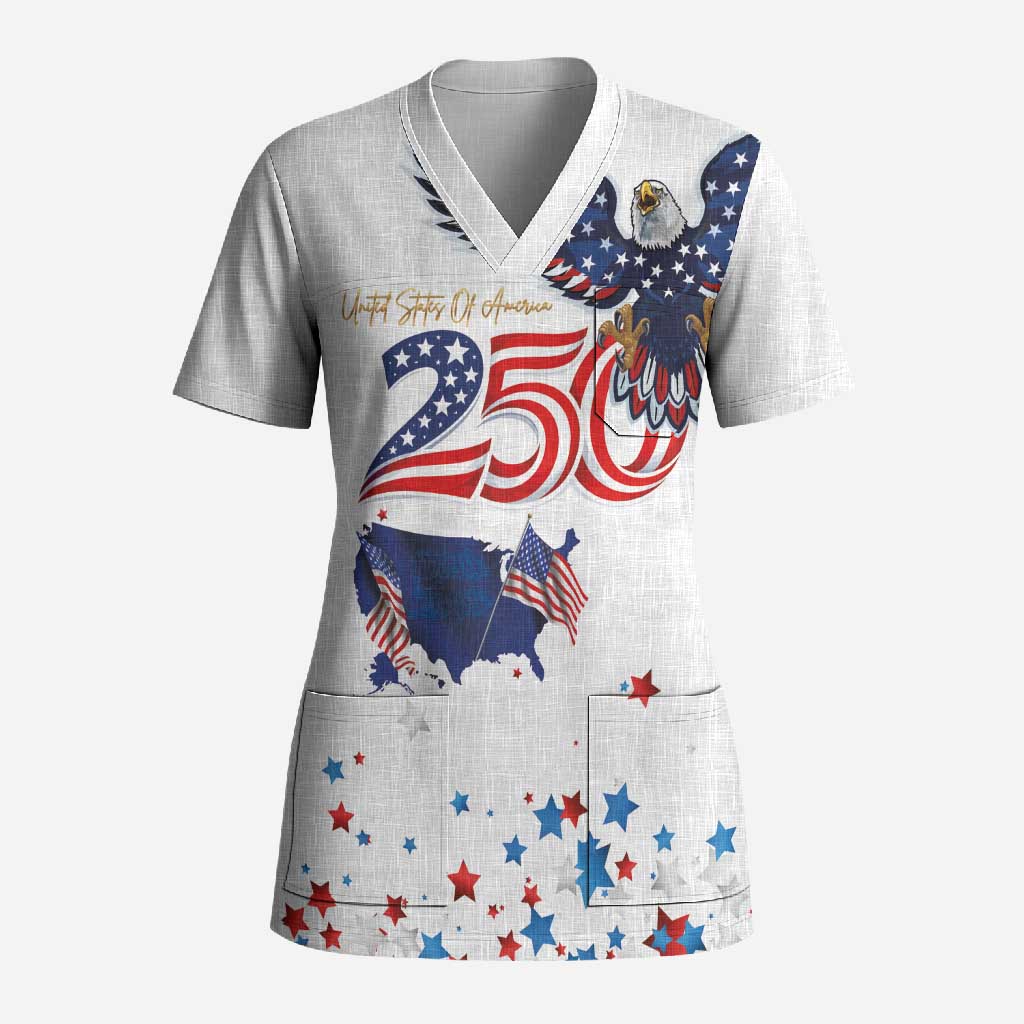 250 Years of American Freedom Scrub Top Flag Bald Eagle and Map