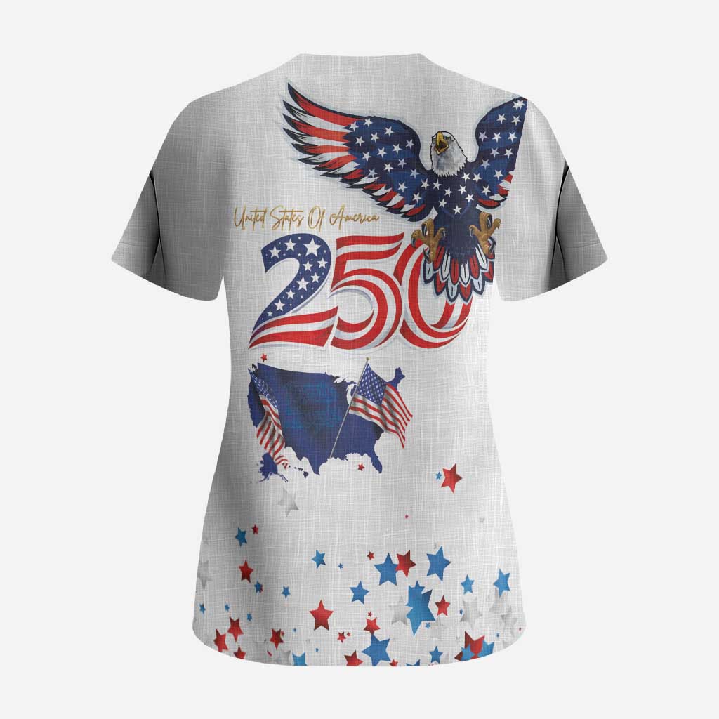 250 Years of American Freedom Scrub Top Flag Bald Eagle and Map