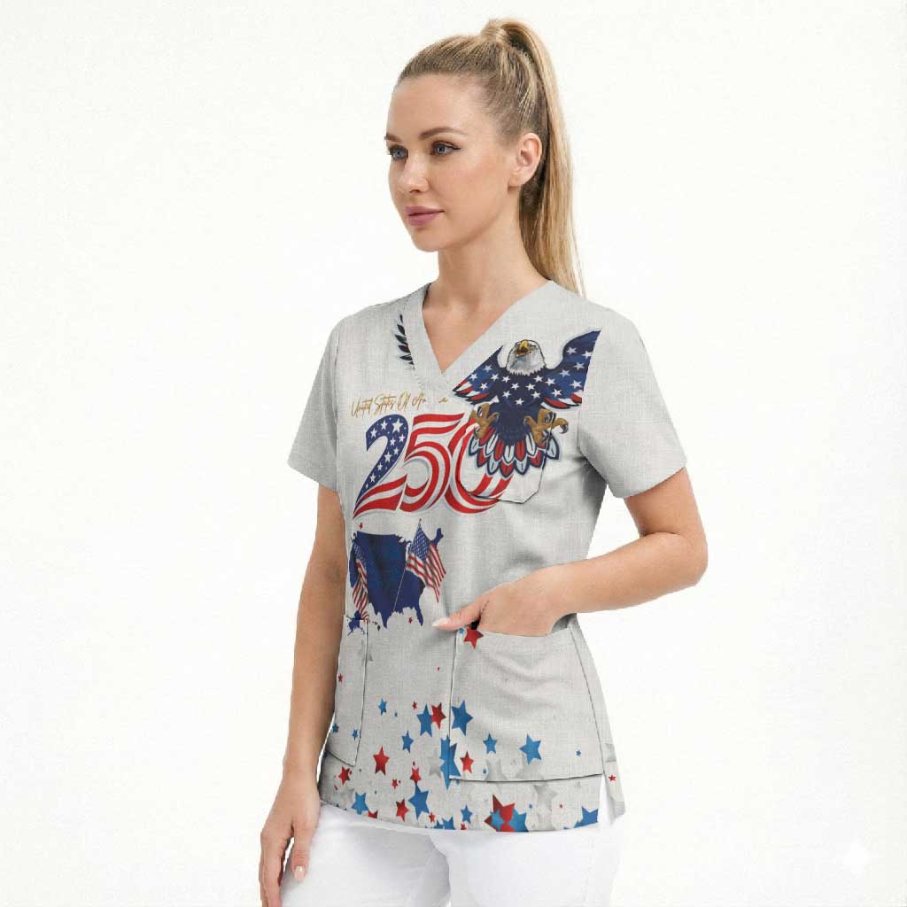 250 Years of American Freedom Scrub Top Flag Bald Eagle and Map