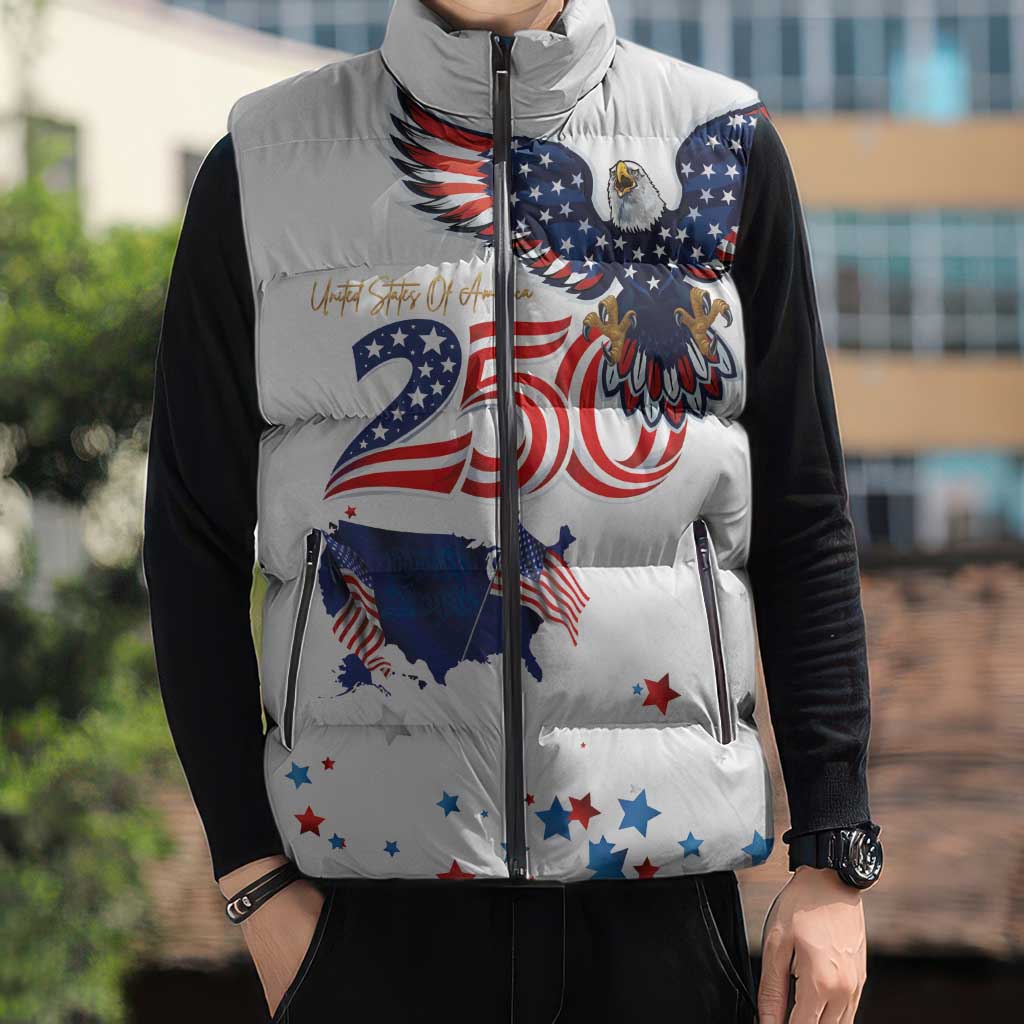 250 Years of American Freedom Sleeveless Puffer Jacket Flag Bald Eagle and Map