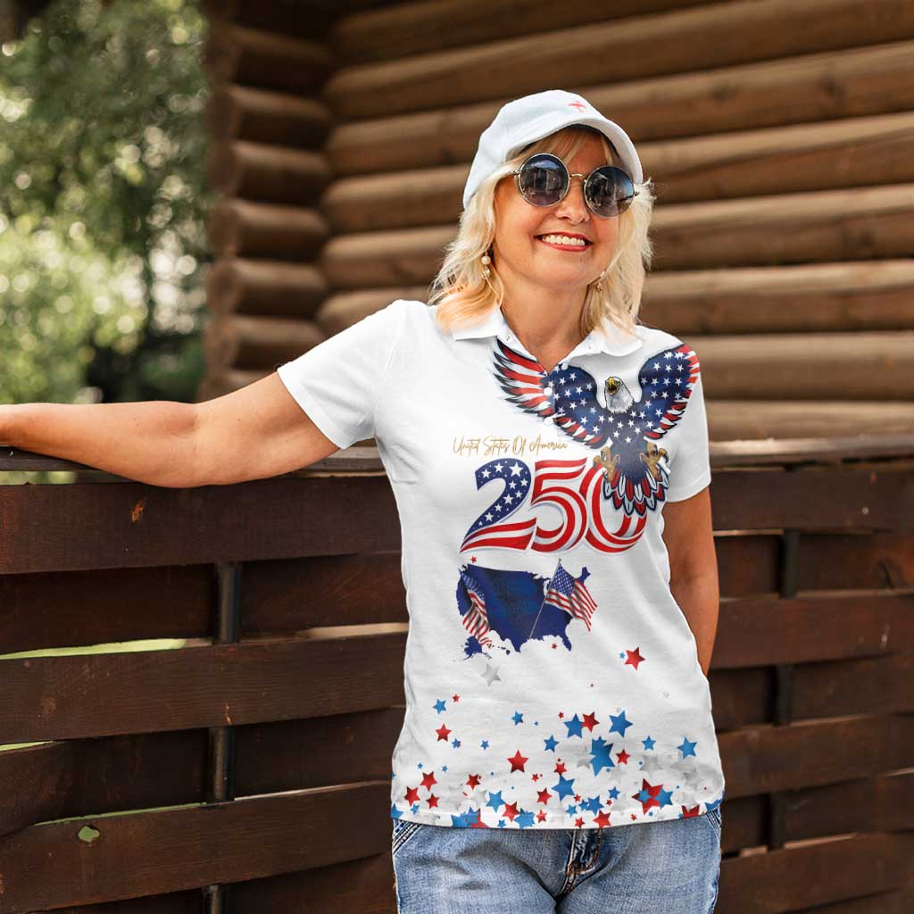 250 Years of American Freedom Women Polo Shirt Flag Bald Eagle and Map