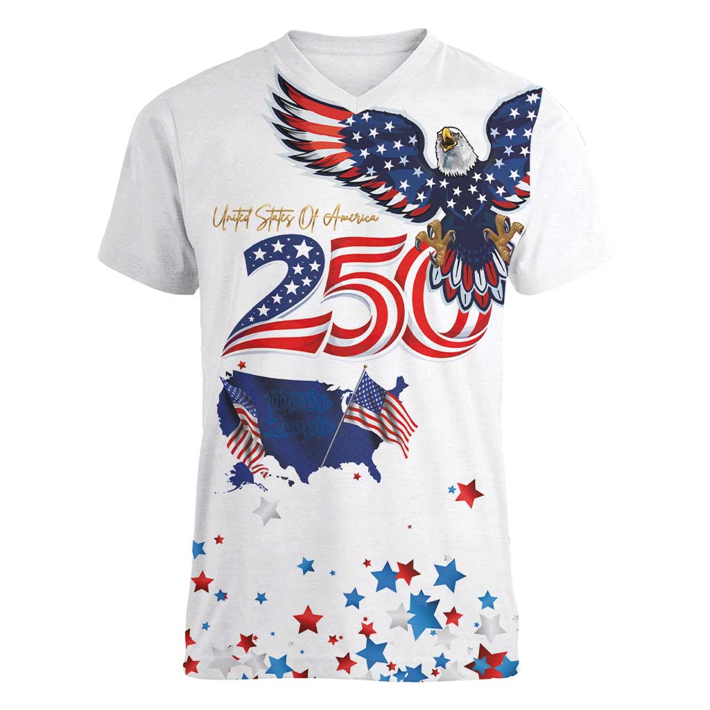 250 Years of American Freedom Women V-Neck T-Shirt Flag Bald Eagle and Map