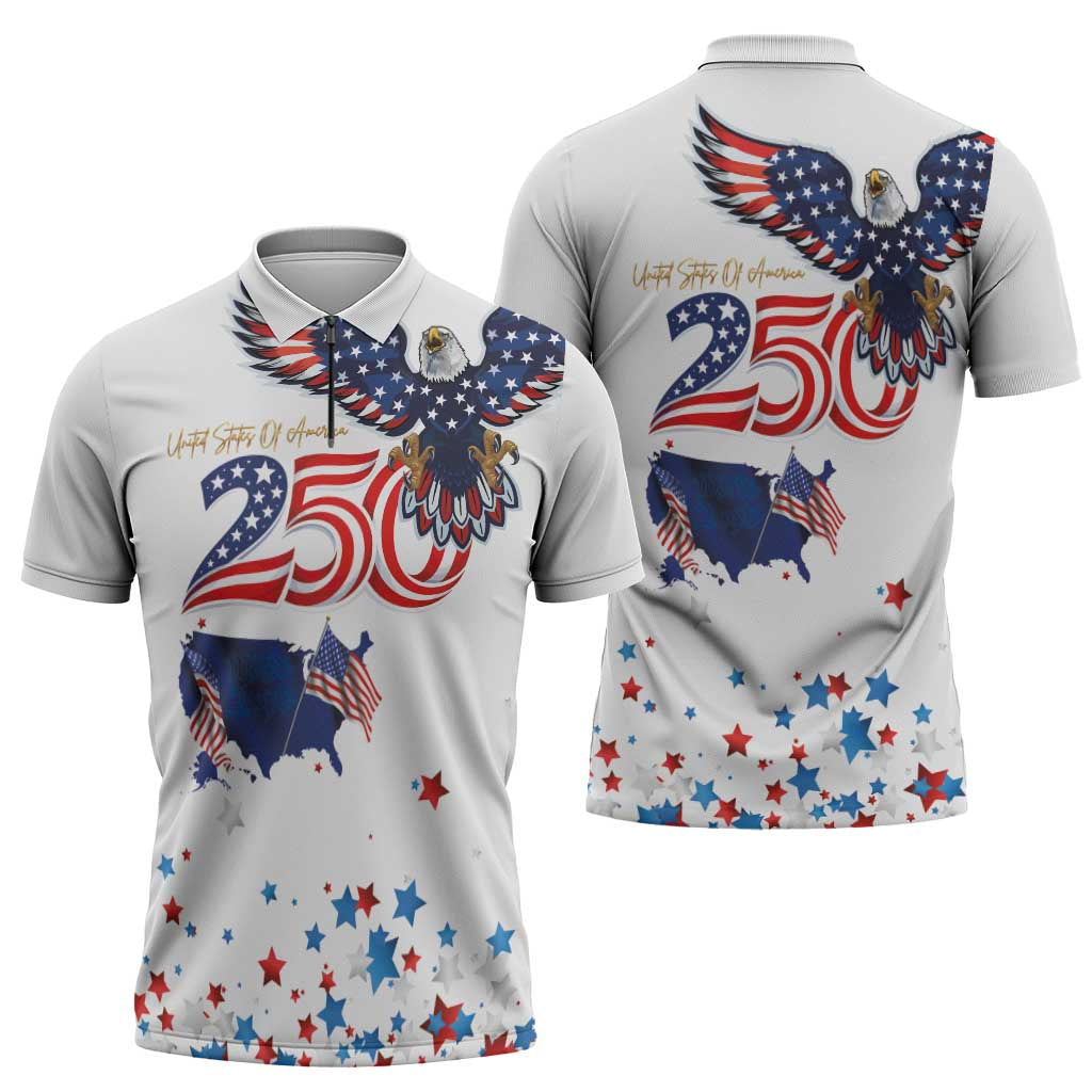 250 Years of American Freedom Zipper Polo Shirt Flag Bald Eagle and Map