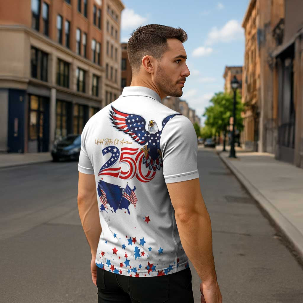 250 Years of American Freedom Zipper Polo Shirt Flag Bald Eagle and Map