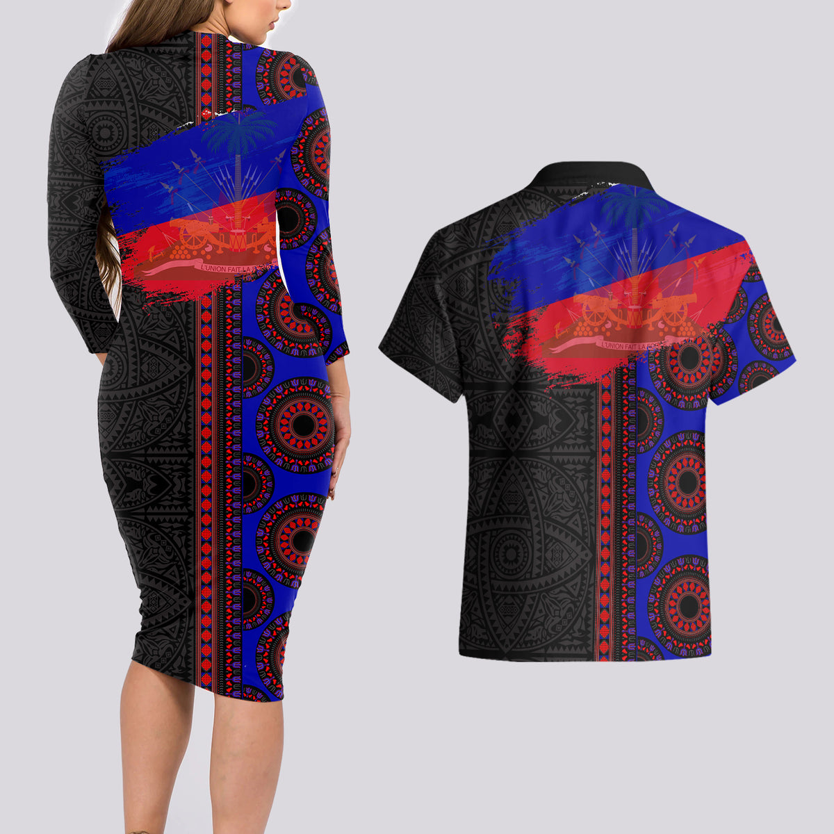 Haiti Flag Day African Seamless Pattern Couples Matching Long Sleeve Bodycon Dress and Hawaiian Shirt - Wonder Print Shop