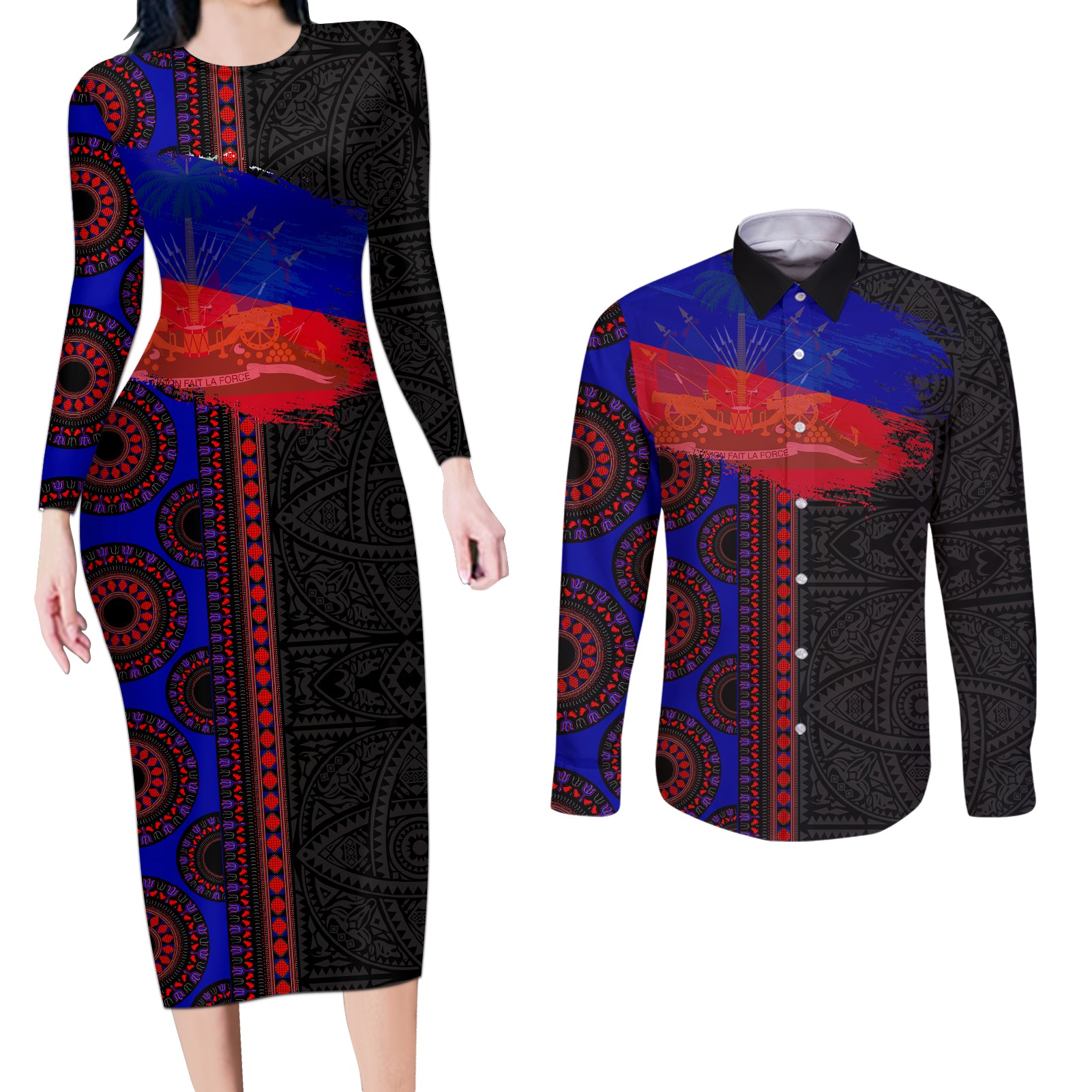 Haiti Flag Day African Seamless Pattern Couples Matching Long Sleeve Bodycon Dress and Long Sleeve Button Shirt
