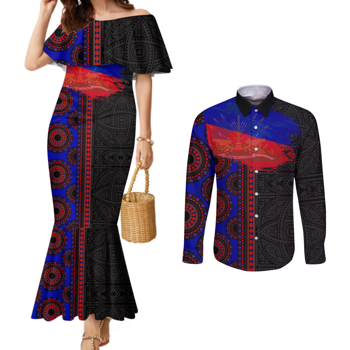 Haiti Flag Day African Seamless Pattern Couples Matching Mermaid Dress and Long Sleeve Button Shirt