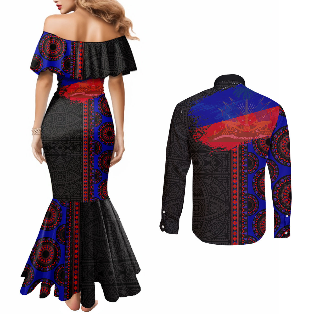 Haiti Flag Day African Seamless Pattern Couples Matching Mermaid Dress and Long Sleeve Button Shirt