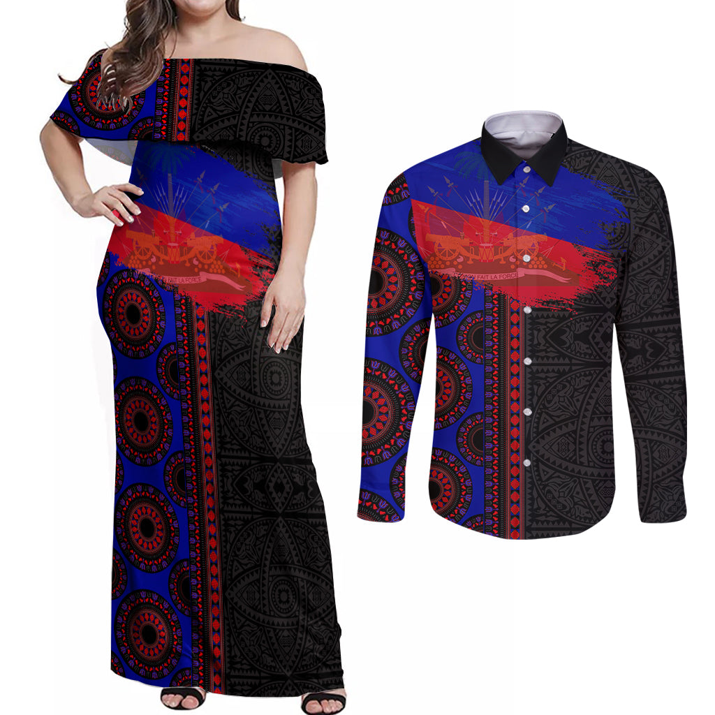 Haiti Flag Day African Seamless Pattern Couples Matching Off Shoulder Maxi Dress and Long Sleeve Button Shirt