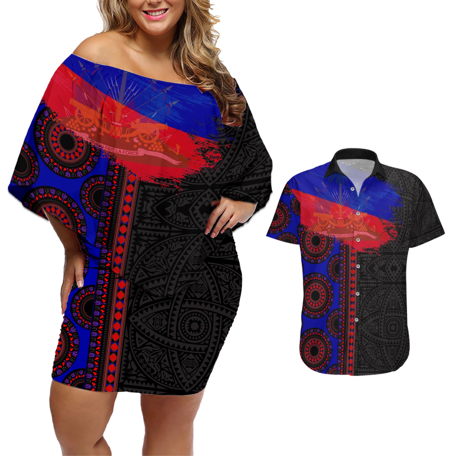Haiti Flag Day African Seamless Pattern Couples Matching Off Shoulder Short Dress and Hawaiian Shirt