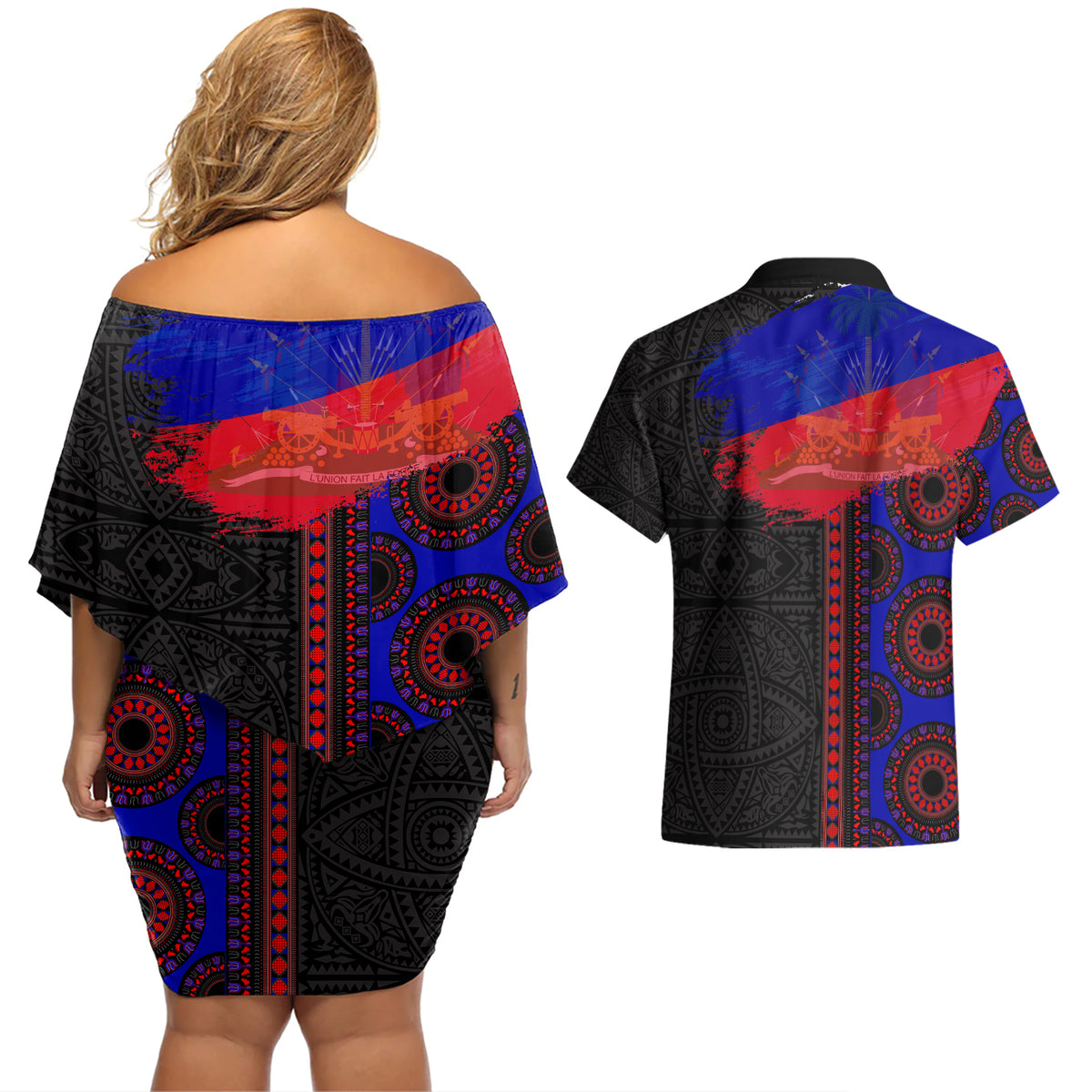 Haiti Flag Day African Seamless Pattern Couples Matching Off Shoulder Short Dress and Hawaiian Shirt - Wonder Print Shop