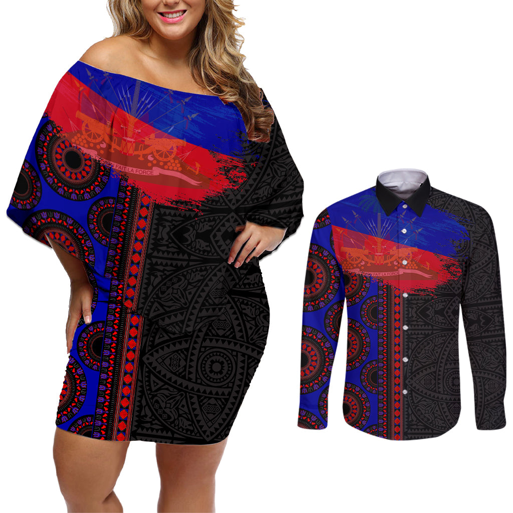 Haiti Flag Day African Seamless Pattern Couples Matching Off Shoulder Short Dress and Long Sleeve Button Shirt