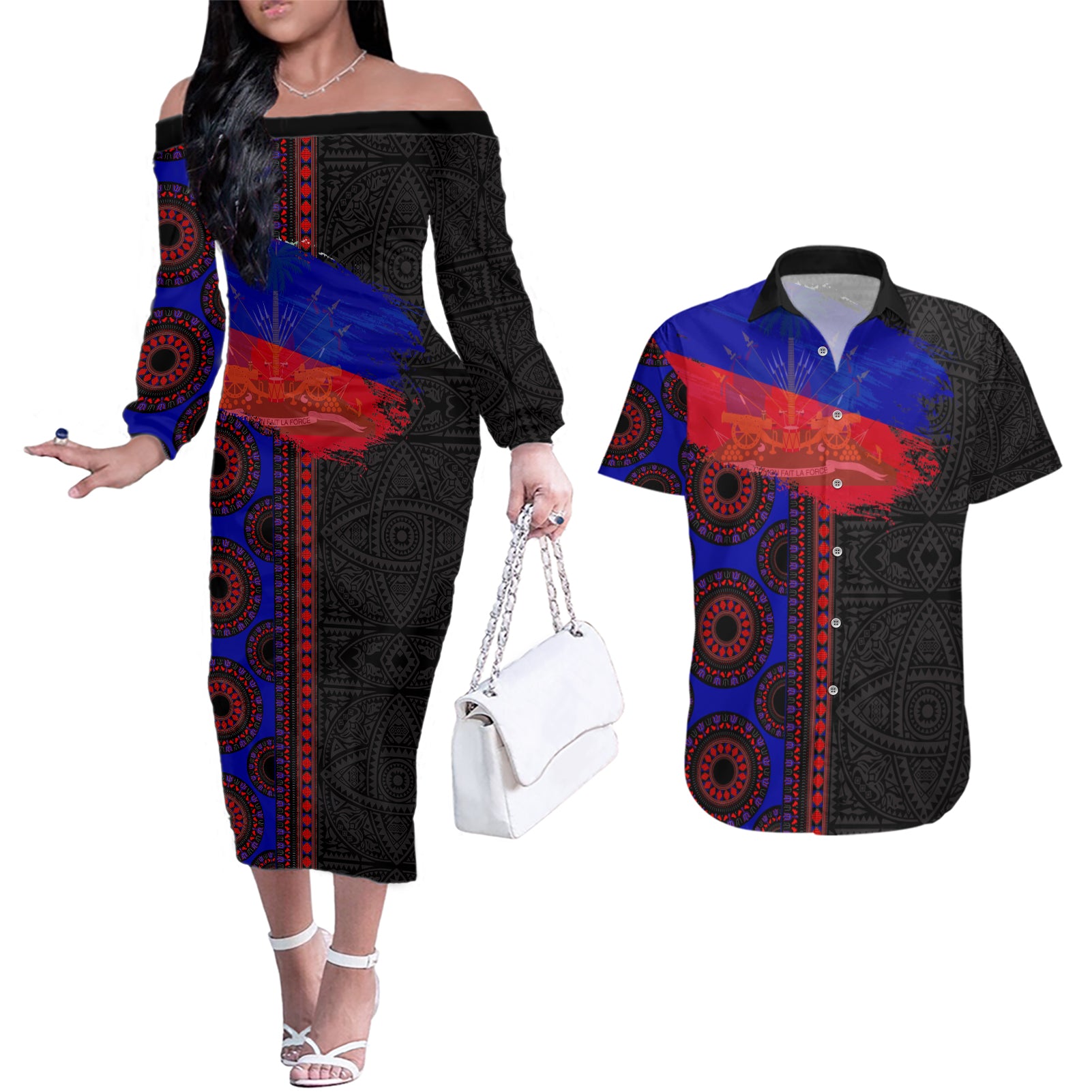 Haiti Flag Day African Seamless Pattern Couples Matching Off The Shoulder Long Sleeve Dress and Hawaiian Shirt
