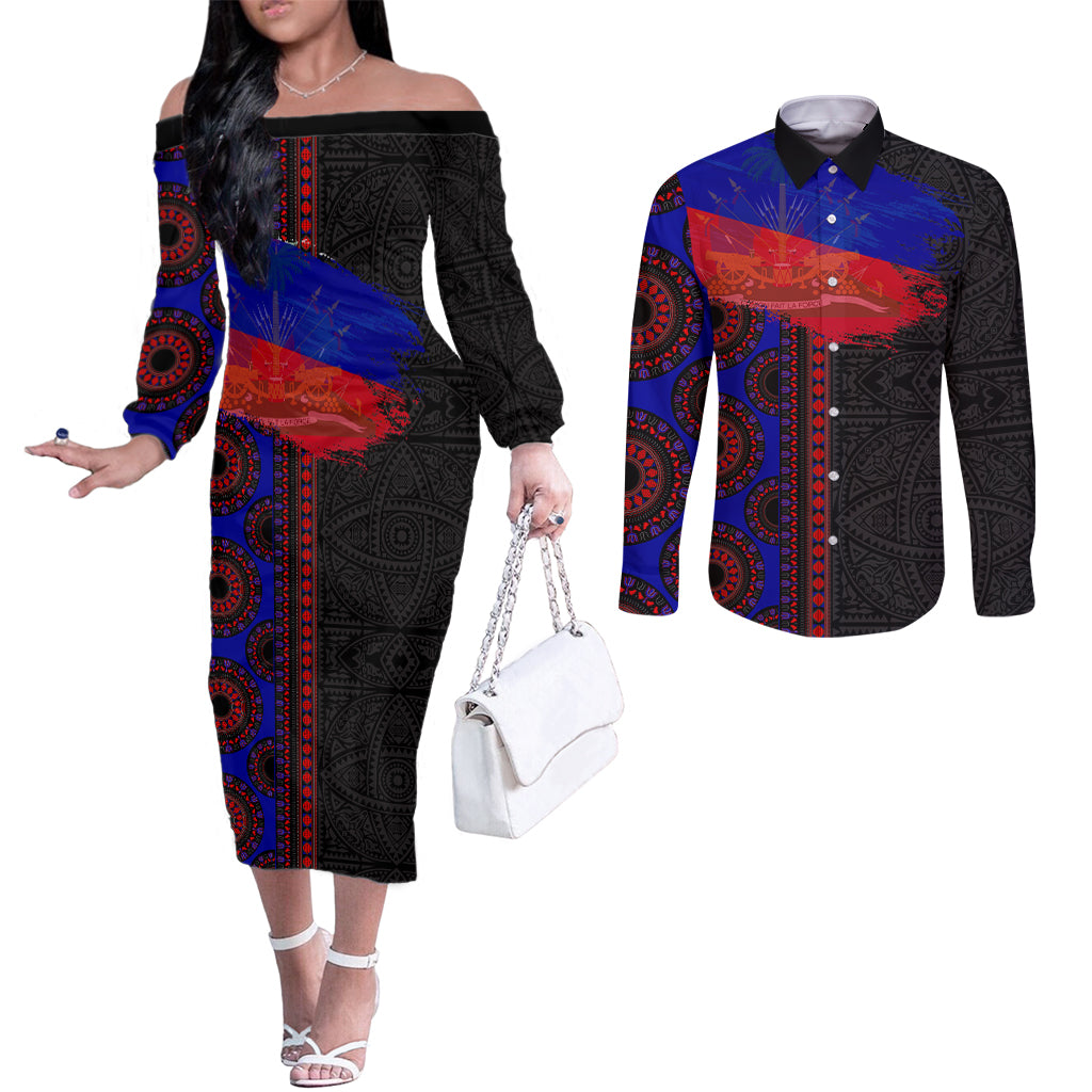 Haiti Flag Day African Seamless Pattern Couples Matching Off The Shoulder Long Sleeve Dress and Long Sleeve Button Shirt
