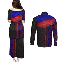 Haiti Flag Day African Seamless Pattern Couples Matching Puletasi and Long Sleeve Button Shirt - Wonder Print Shop