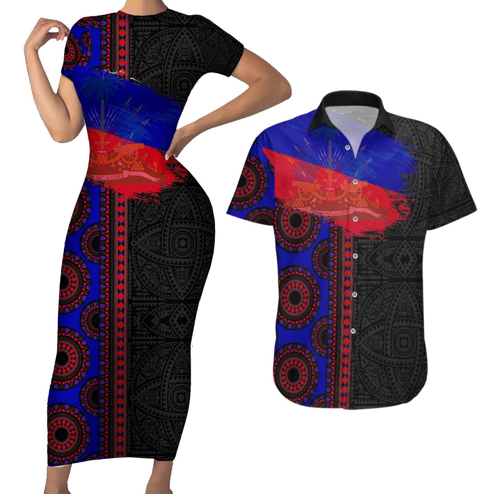 Haiti Flag Day African Seamless Pattern Couples Matching Short Sleeve Bodycon Dress and Hawaiian Shirt