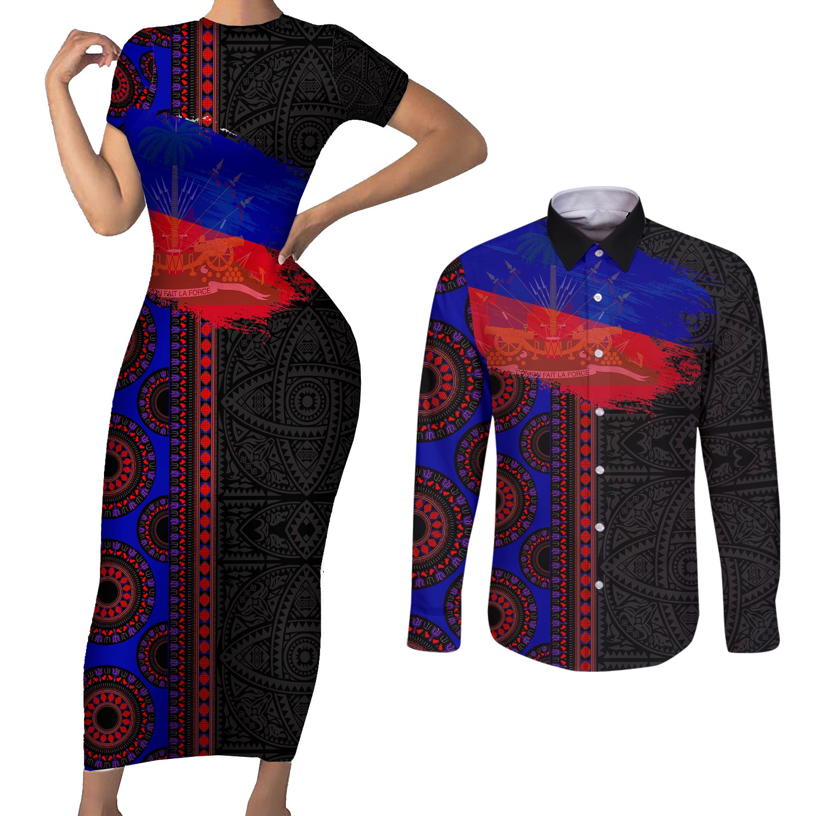 Haiti Flag Day African Seamless Pattern Couples Matching Short Sleeve Bodycon Dress and Long Sleeve Button Shirt
