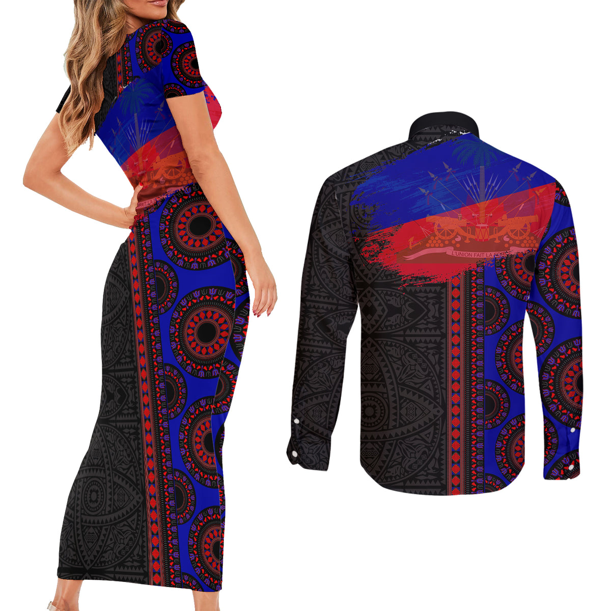 Haiti Flag Day African Seamless Pattern Couples Matching Short Sleeve Bodycon Dress and Long Sleeve Button Shirt - Wonder Print Shop