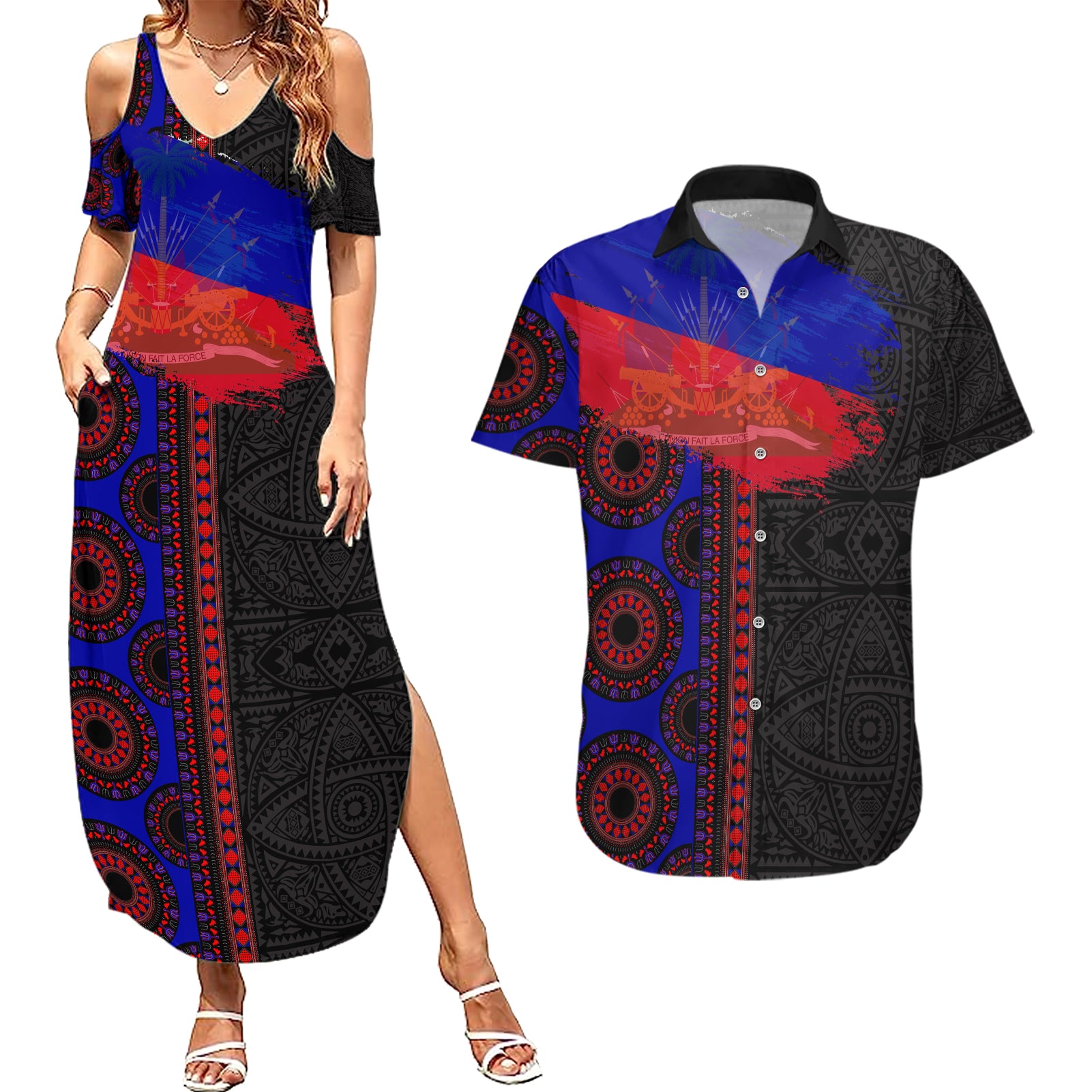 Haiti Flag Day African Seamless Pattern Couples Matching Summer Maxi Dress and Hawaiian Shirt