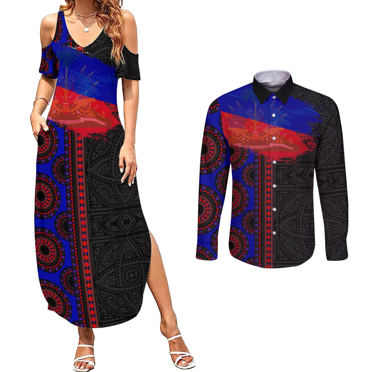 Haiti Flag Day African Seamless Pattern Couples Matching Summer Maxi Dress and Long Sleeve Button Shirt