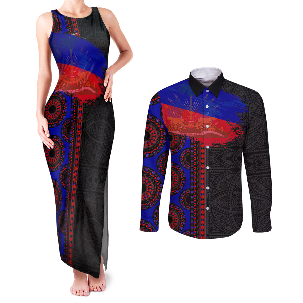 Haiti Flag Day African Seamless Pattern Couples Matching Tank Maxi Dress and Long Sleeve Button Shirt