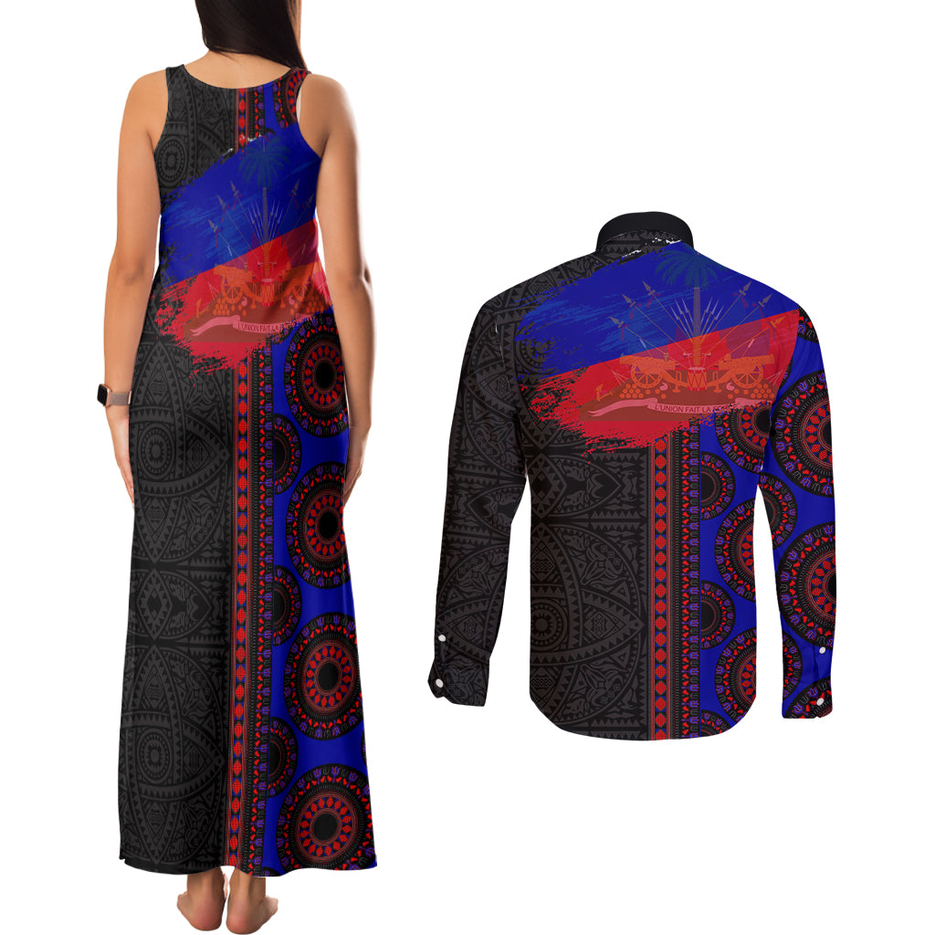 Haiti Flag Day African Seamless Pattern Couples Matching Tank Maxi Dress and Long Sleeve Button Shirt - Wonder Print Shop