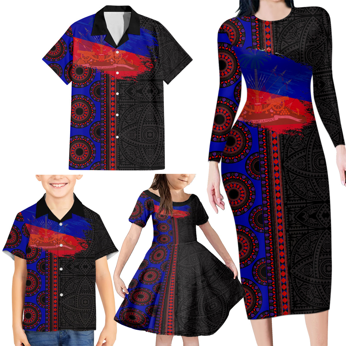 Haiti Flag Day African Seamless Pattern Family Matching Long Sleeve Bodycon Dress and Hawaiian Shirt
