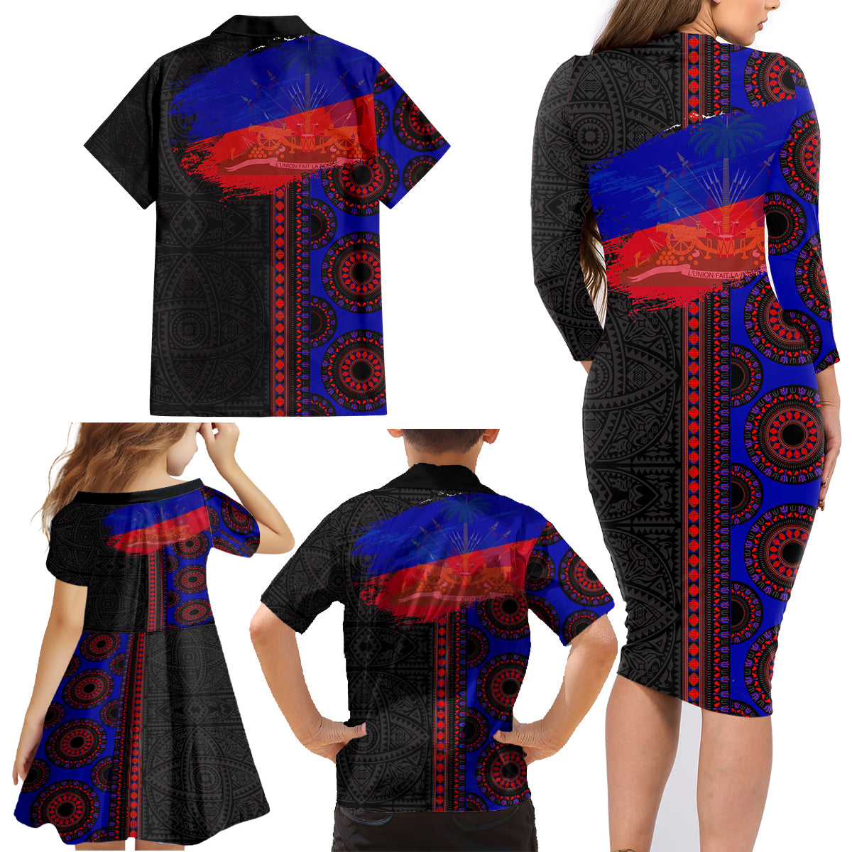Haiti Flag Day African Seamless Pattern Family Matching Long Sleeve Bodycon Dress and Hawaiian Shirt - Wonder Print Shop