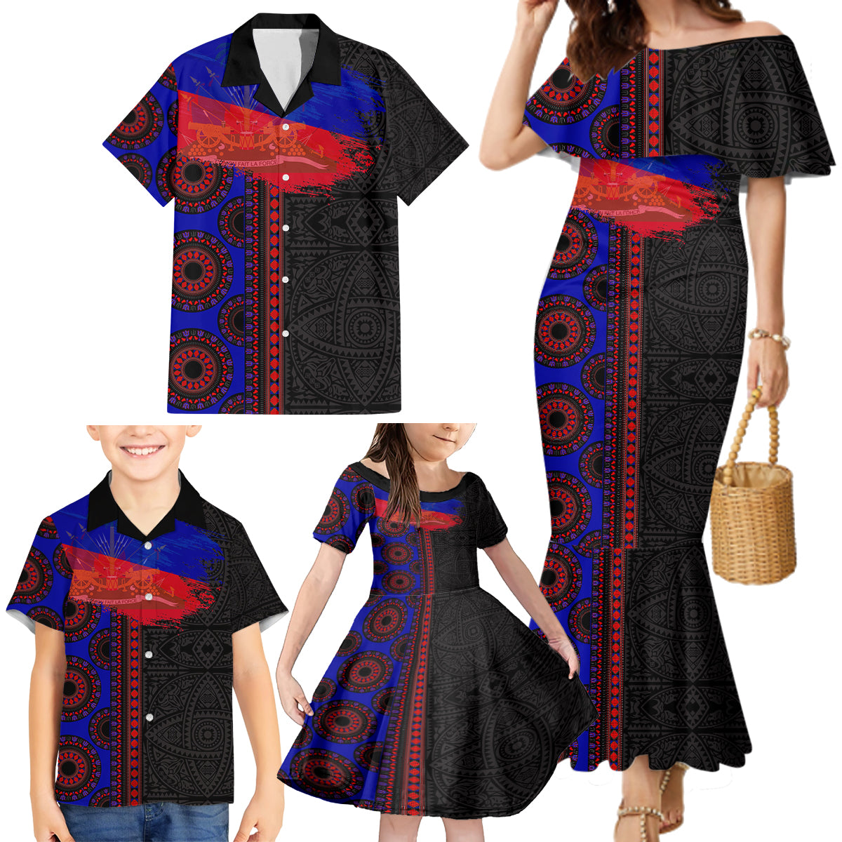 Haiti Flag Day African Seamless Pattern Family Matching Mermaid Dress and Hawaiian Shirt