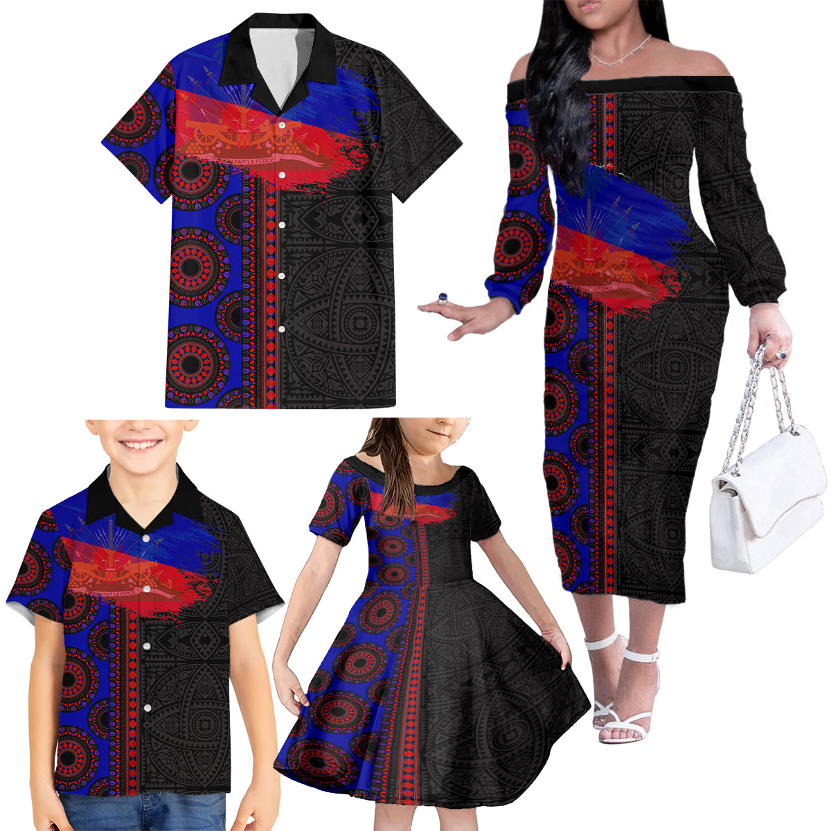 Haiti Flag Day African Seamless Pattern Family Matching Off The Shoulder Long Sleeve Dress and Hawaiian Shirt