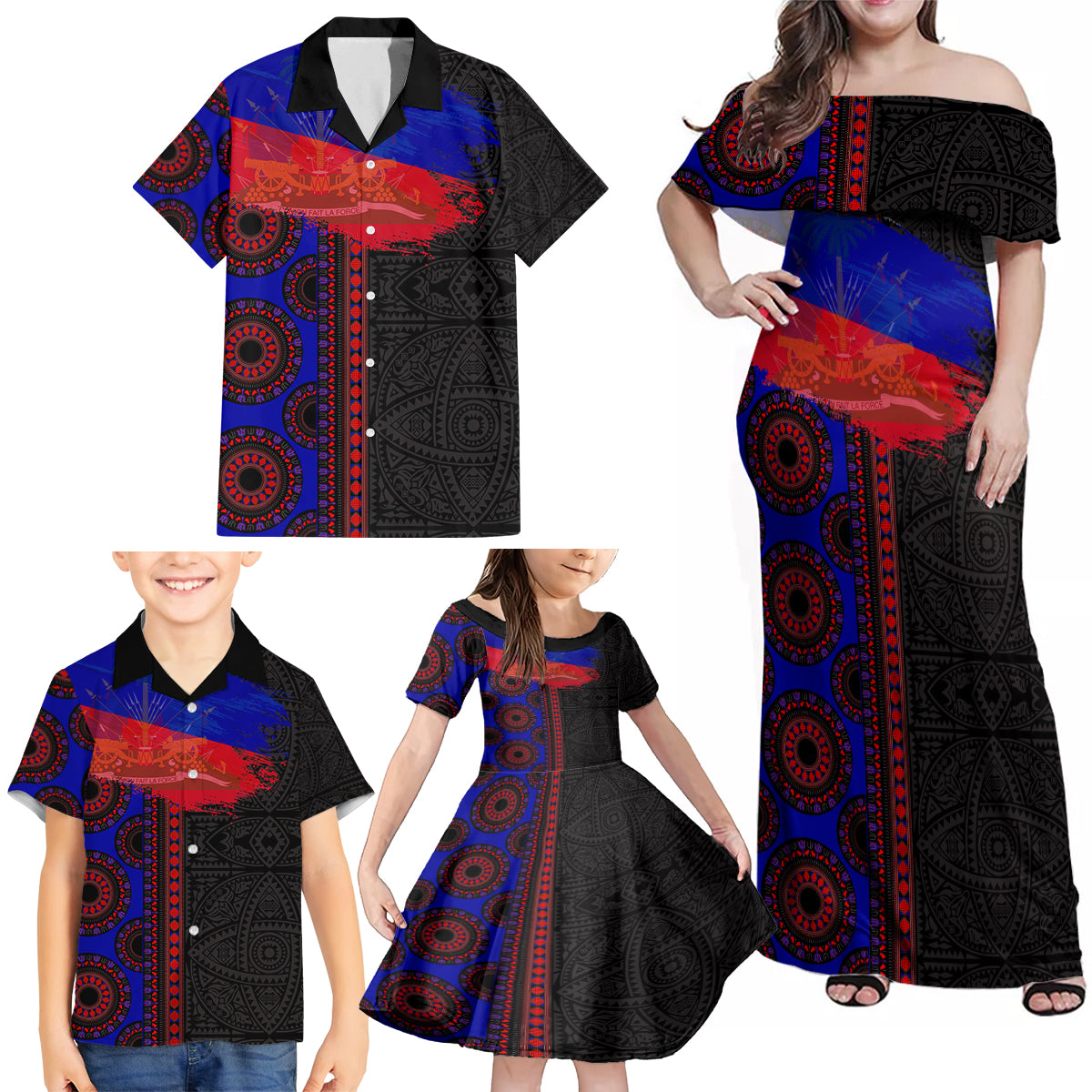Haiti Flag Day African Seamless Pattern Family Matching Off Shoulder Maxi Dress and Hawaiian Shirt