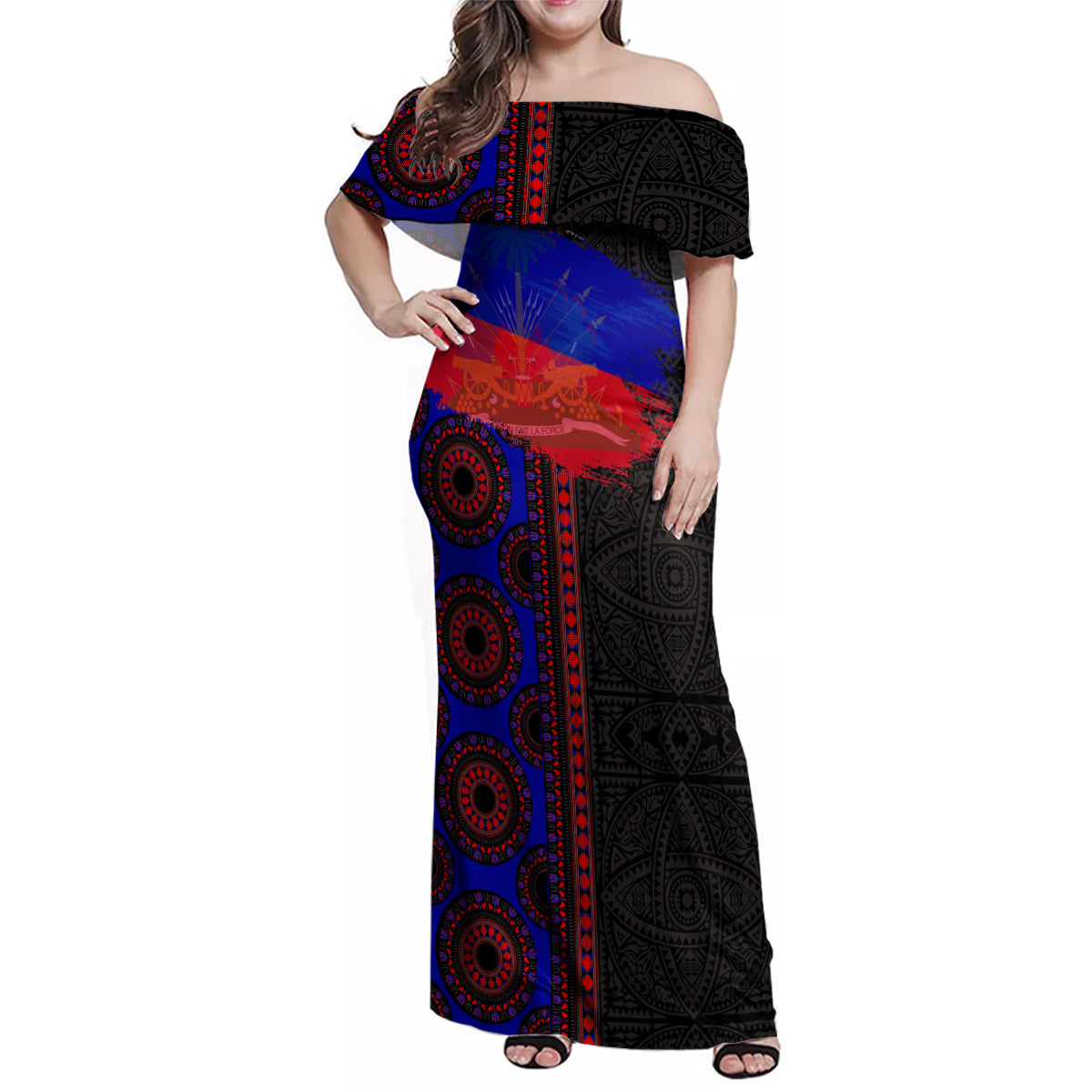 Haiti Flag Day African Seamless Pattern Family Matching Off Shoulder Maxi Dress and Hawaiian Shirt - Wonder Print Shop